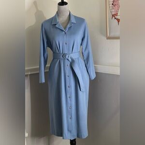 Vintage Brief Notes Belted Wool Powder Blue Maxi Dress